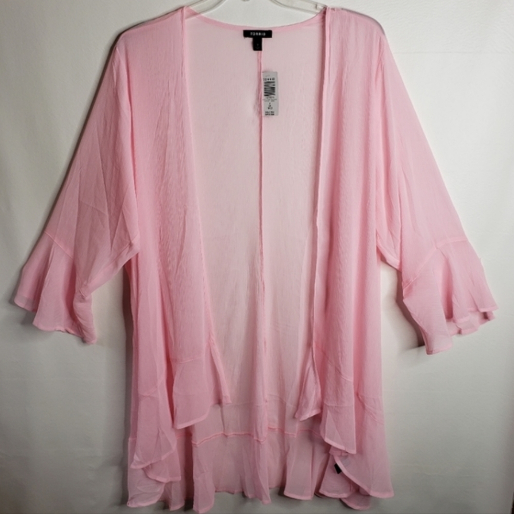 Torrid Kimono Top 2X 18/20W Crinkled Pink Chiffon Sheer Ruffle Bell Sleeve NWT - Picture 2 of 14